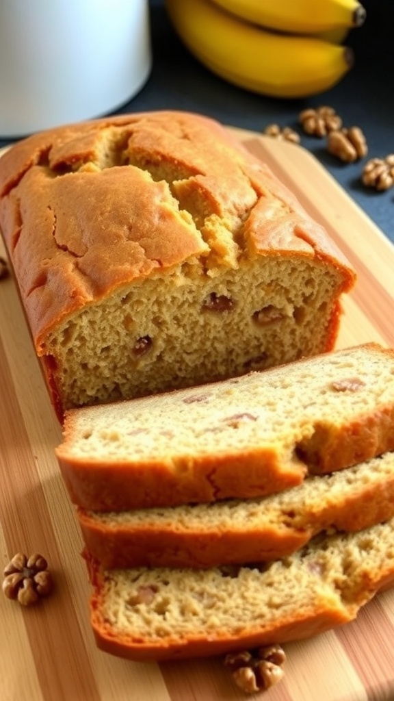 Sliced banana bread with walnuts on a wooden board, showcasing its moist texture.